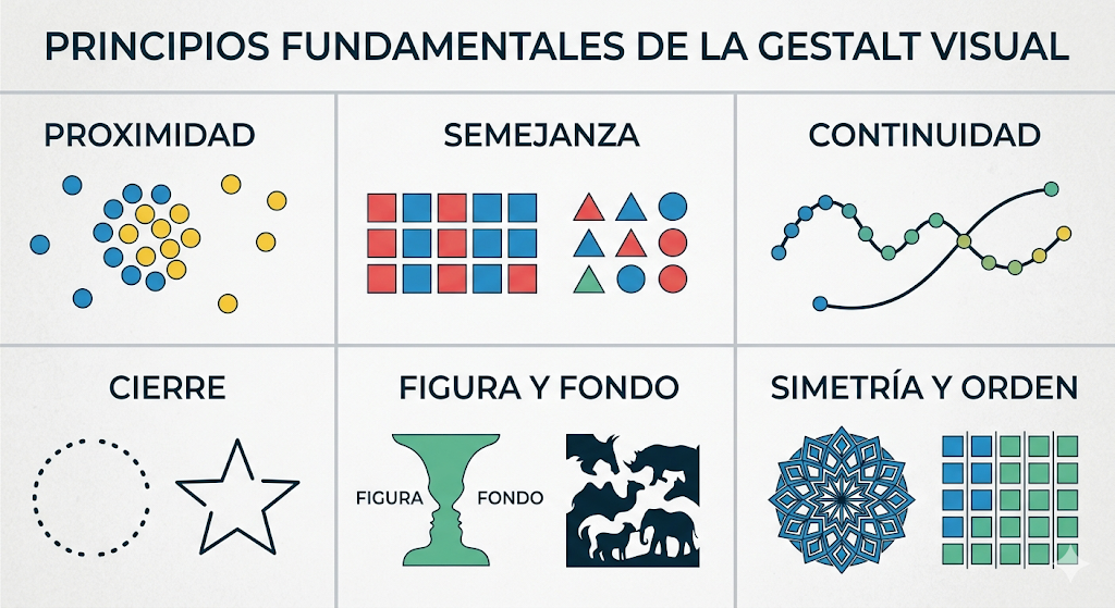 Principios fundamentales de la Gestalt visual: proximidad, semejanza, continuidad, cierre, figura y fondo, simetría y orden